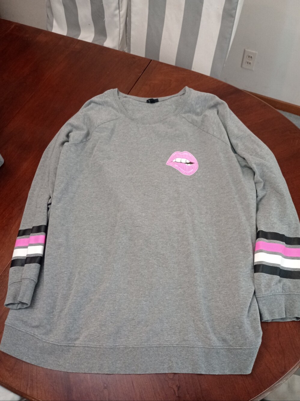 torrid Gray Sweatshirt with Pink Lip Patch and Sleeve Stripes